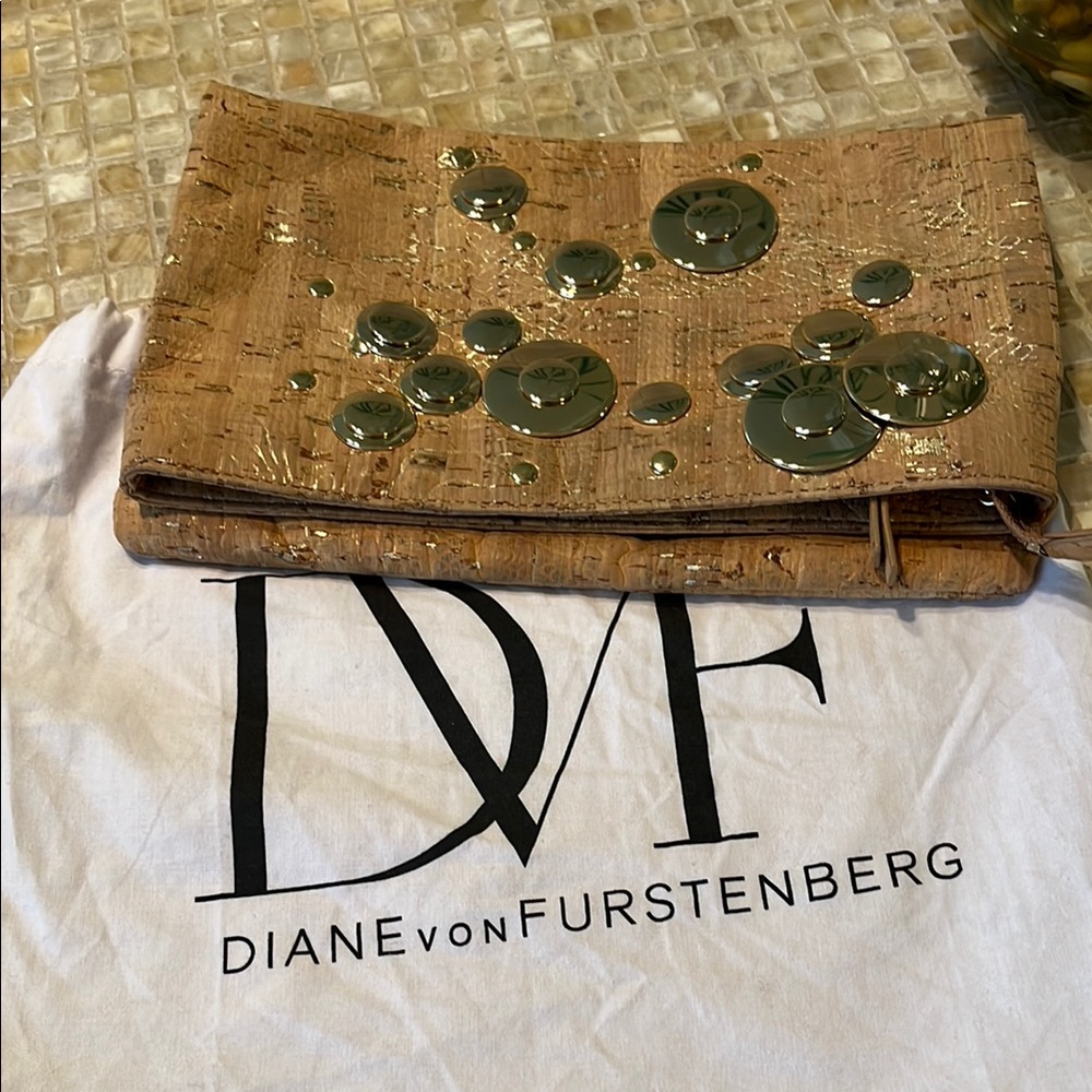 Diane von Furstenberg Tan Clutch with Gold Accents speckles